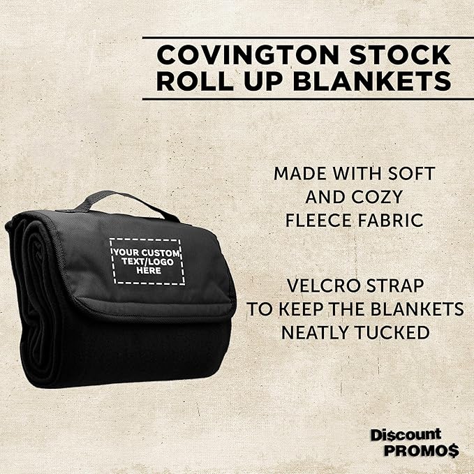 DISCOUNT PROMOS Custom Roll Up Picnic Blankets Set of 10/50/100 Personalized Bulk Pack Great for Camping Picnic Beach Sports Outdoor Activities - Black