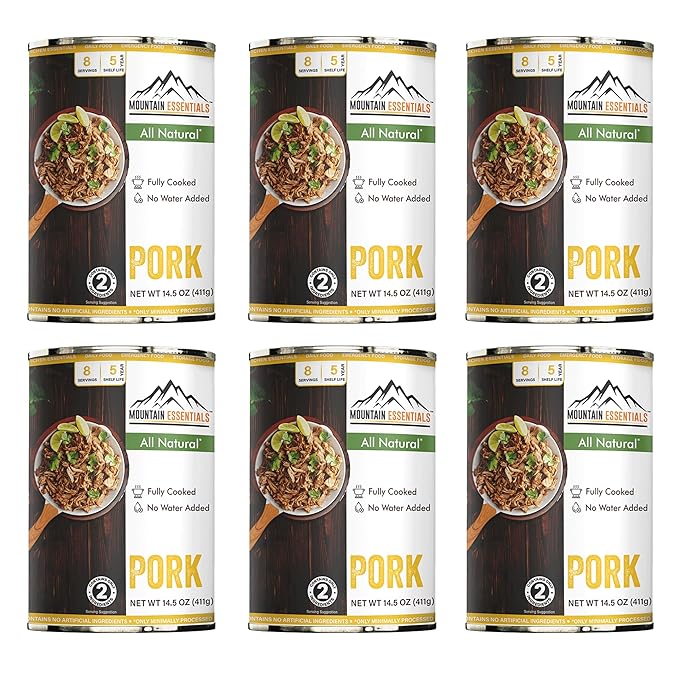 MOUNTAIN ESSENTIALS Canned Pork 14.5 oz – Fully Cooked Ready to Eat – Pantry Staple Meat for Everyday Meals Premium Emergency Survival Bulk Food Storage Camping Hiking &amp Quick Meals – 5-Year