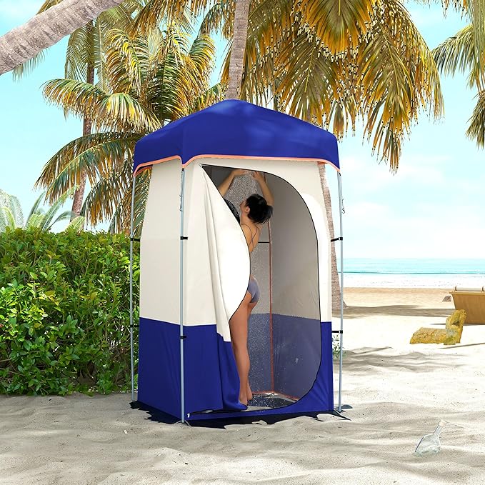 Outsunny Portable Shower Tent Privacy Shelter Camping Dressing Changing Tent Room with Solar Shower Bag Floor and Carrying Bag Blue