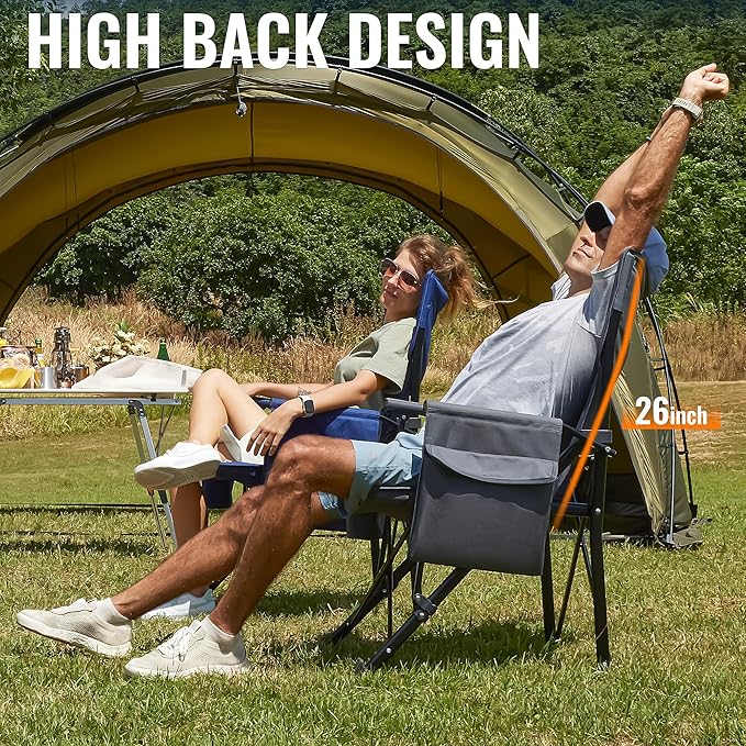 Oversized Folding Camping Chairs for Adults Heavy Duty Support 500lbs Big and Tall High Back Camping Chairs for Heavy People Padded Lawn Chairs Camp Chairs for PatioBeachCampLawnOutdoor