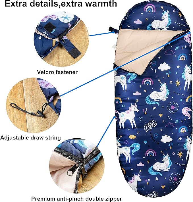 Kids Sleeping Bags for Girls – Unicorn Rainbow Space Navy – Rioyalo YOLO 45 Camping Sleeping Bags for Kids with Carry Bag - Outdoor and Indoor (Unicorn-NV)