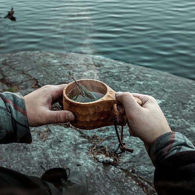 überleben | Kuksa Wooden Cup – Handcarved 8oz Coffee Mug Bowl with Lanyard &amp Carabiner – Lightweight Camping Essentials &amp Traditional Nordic Bushcraft Gear