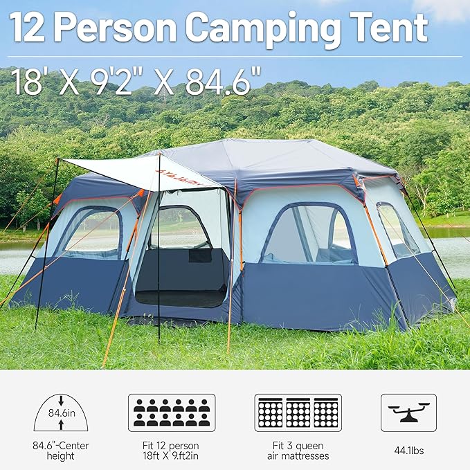 Family Camping Tent for 8-12 People 2-Minute Instant Setup with 2 Room Dividers Waterproof Windproof Ventilated Easy Carry for Outdoor Camping Hiking Picnic