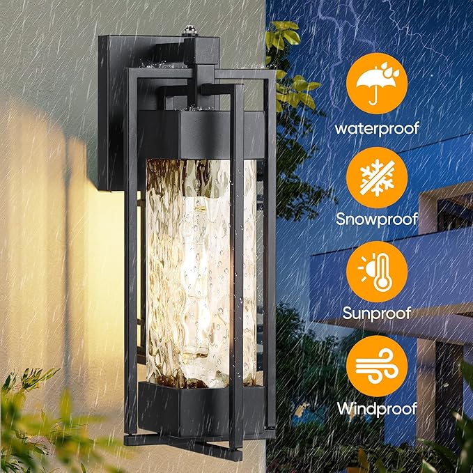 2-Pack Wall Lights Dusk to Dawn Outdoor Lighting Modern Outside Waterproof Porch Lights with Photocell SensorExterior Light Fixtures with Water Glass for Doorway Garage(Bulb Included)