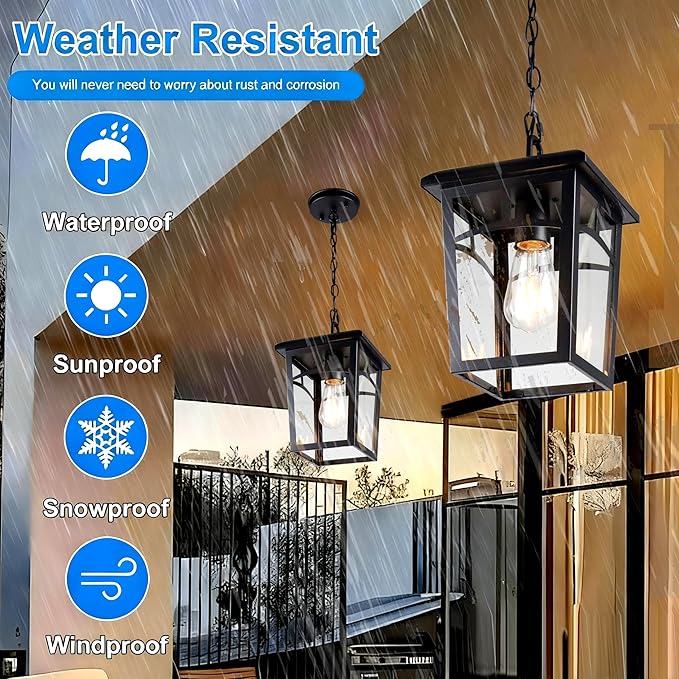 Outdoor Hanging Light Farmhouse Black Porch Pendant Lantern with Clear Glass E26 Base Modern Exterior Chandelier for Front Door Patio Entryway Gazebo Backyard