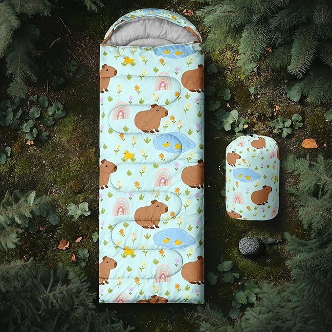 Kawaii Capybara Sleeping BagRainbow Duck Floral Compact Waterproof Camping Bag for Kids Girls BoysCute Cartoon Capibara Warm Backpacking for Traveling Outdoor Hiking Camping Gear Equipment