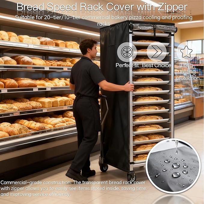 Quick-Release Cover with Zipper Commercial Bread Rack Cover 20-Tier Baking Pan Rack Cover Ventilated Bread Pan Rack Cover 23“ x 28” x 64 Kitchen Bread Rack Cover Waterproof (Black)