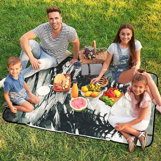 Zipper Hand Drawn Two Pine Trees Style Picnic Mat Suitable for Travel Camping Park Or Home Use