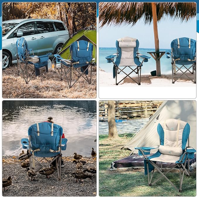 Double Padded Oversized Folding Camping Chair Folding Beach Chair for Adults with Lumbar Support &amp Headrest Camping Chair with Armrest Cooler Bag Side Pocket Cup Holder Blue&ampWhite