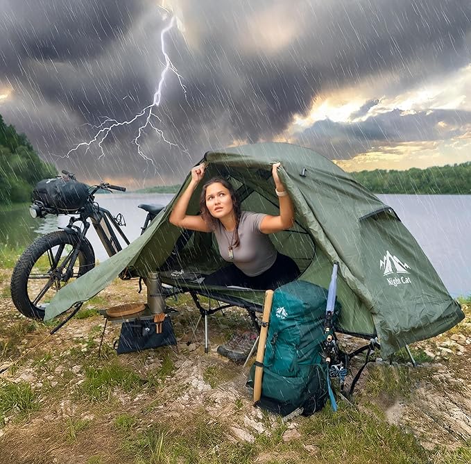Night Cat Camping Cot Tent with Self-Inflatable Camping Pillow 1-Person Off-Ground Combo Cot Bed for Adults Portable Easy Set-up Tent