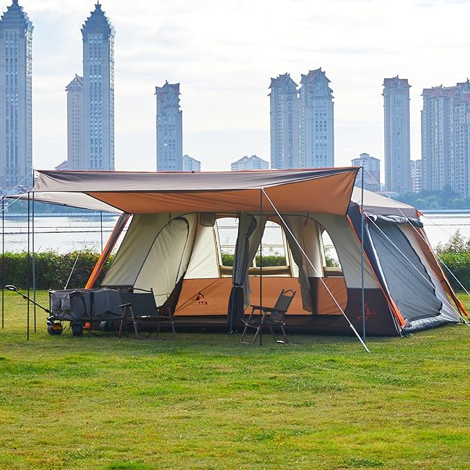 KTT Extra Large Tent 12 PersonFamily Cabin TentsAwning2 Rooms4 Doors and 4 Windows with MeshStraight WallWaterproofDouble LayerBig Tent for OutdoorPicnicCampingFamily Gathering