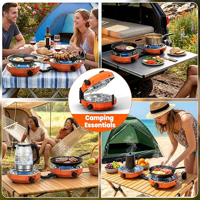 20000 BTUs 2 Burner Propane Camping Stove Portable Folding Camp Stove with Adjustable Burners Regulator and Carrying Bag Dual Gas Stoves Easy Carrying Handle for Tailgating Camping BBQ