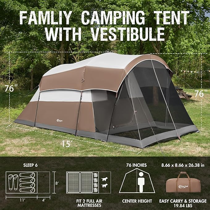 PORTAL 6/8/10 Person Family Camping Tent with Screen Room Water Resistant Big Tunnel Tents with Rainfly Large Family Tent for Camping Outdoor Patio