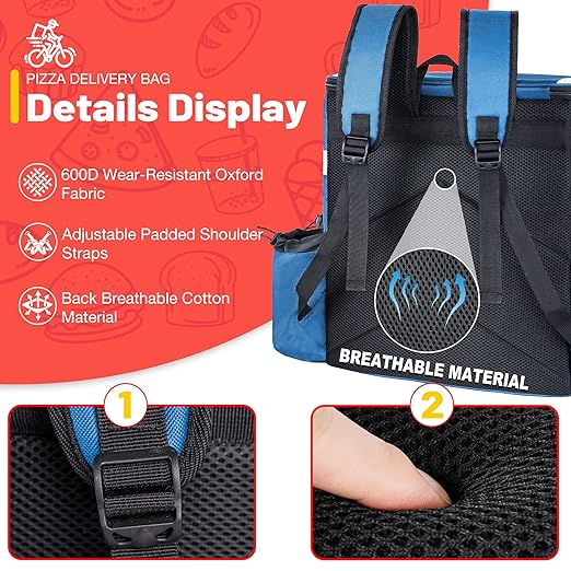 Food Delivery Backpack Insulated Delivery Bags for Delivery Bike Large Pizza Delivery Bag for HOT/COLD with 4 Pockets Reflective Strip for Uber EatCamping &amp Beach (Blue)