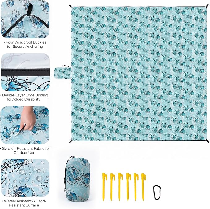 OIGAE 7x7ft Sandproof Beach Blanket - Large Waterproof Picnic Mat for 3-4 People Lightweight Sand Free Mat for Summer Vacation with 6 Stakes &amp 4 Corner Pockets for Beach Camping Festivals
