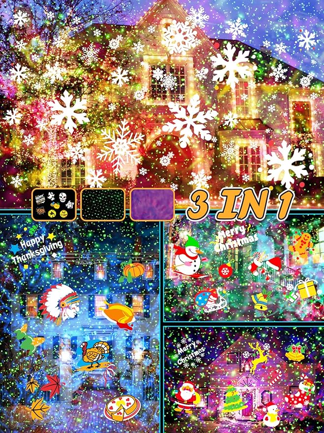 3-in-1 Christmas Projector Lights Outdoor Anysun Brighter 80 HD Patterns Christmas Decor 8-Pattern Ocean Wave Snowflake Starry Lights Show Christmas Projector Waterproof with Timer for House Party