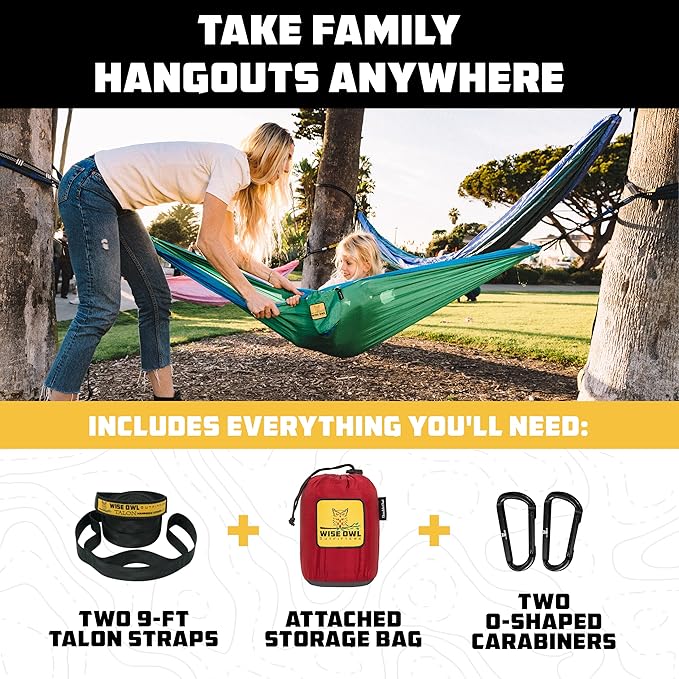 Wise Owl Outfitters Camping Hammock – 500lbs Portable Hammock with Tree Straps - Travel Backpacking Hiking Outdoors Camping Gear - Single or Double