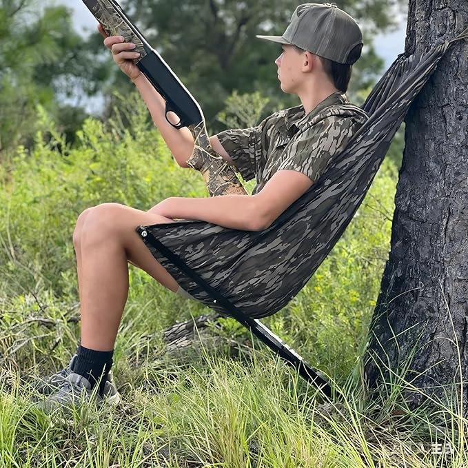 2026 Neo Low Down Hunting Chair Adjustable Tree Hammock Seat with 180° Swivel Portable Camo Camping Stool for Deer Turkey Lightweight Folding Tree Stand for Ground Shooting (Bottomland Camo Style)