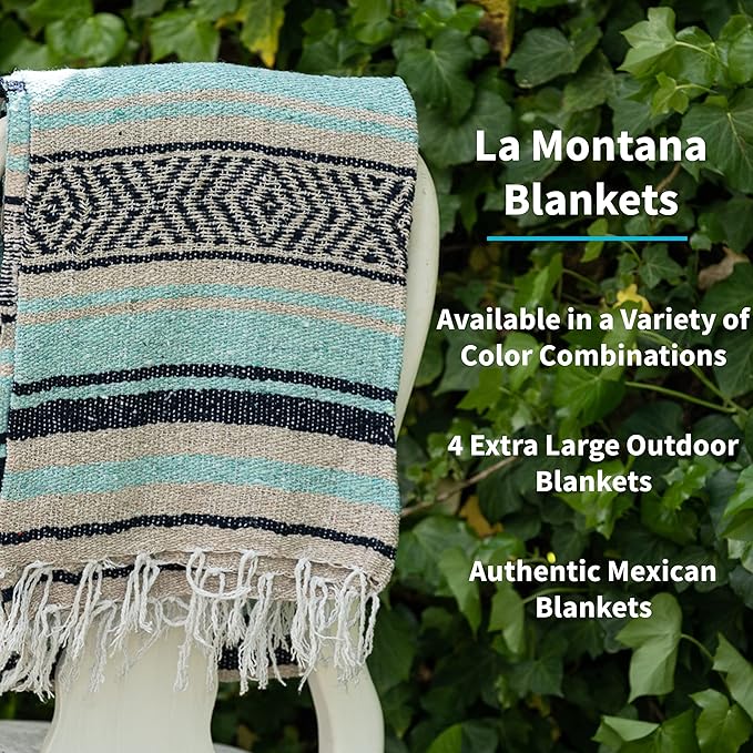 La Montana Mexican Blankets and Throws 4 Pack 74x50 - Made in Mexico Lightweight Yoga Blanket for Schools Studios Outdoors Camping Picnic Decor - Machine Washable Mint/Tan/Navy