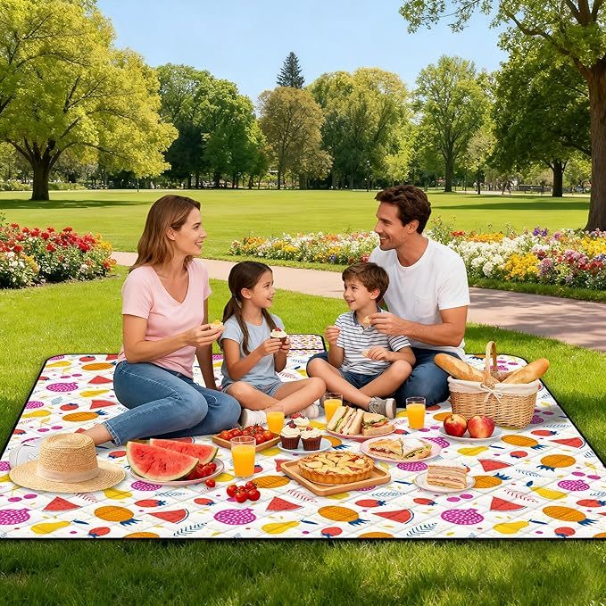 Poedist Extra Large Picnic Blanket Waterproof80x 80Foldable Machine Washable Beach BlanketOutdoor Blanket for 6-8 AdultsSuitable for Indoor CrawlingPark BeachCampingHikingFamily Travel(Fruit