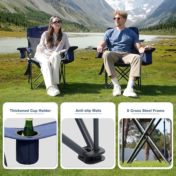 2 Pack Oversized Folding Camping Chair Heavy Duty Support 500LBS Outdoor Chair with Cup Holder Storage and Cooler Pouch Collapsible Padded Arm Chair for Sports Garden Beach Fishing Blue