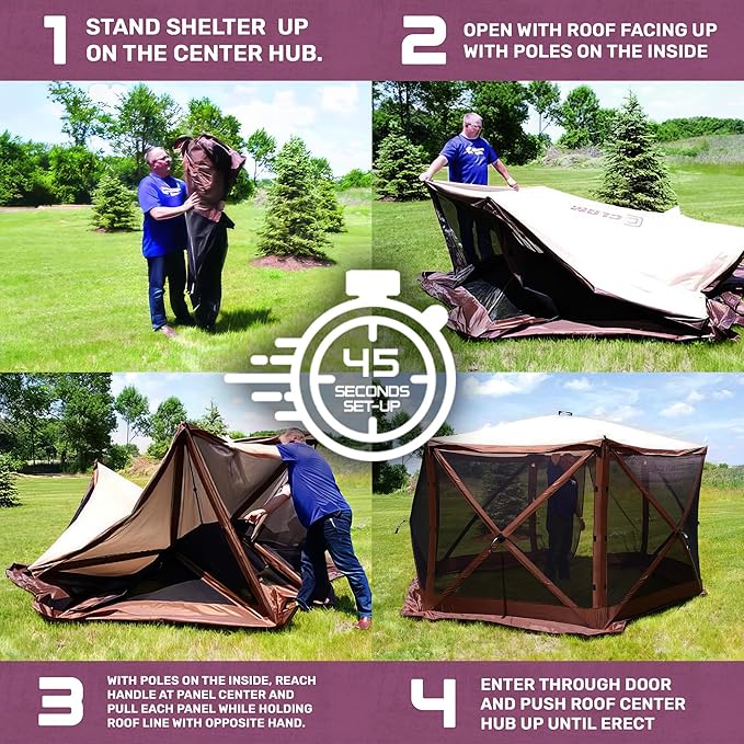 CLAM Pop-Up Screen Tent 6' x 6' Outdoor Camping Gazebo Portable 4-Sided Canopy with Ground Stakes &amp Carry Bag Traveler Plum