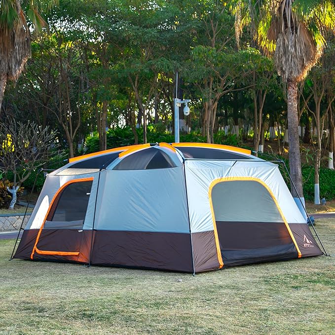 KTT Extra Large Tent 10-12-14 Person(Style-B)Family Cabin Tents2 Rooms3 Doors and 3 Windows with MeshStraight WallWaterproofDouble LayerBig Tent for OutdoorPicnicCampingFamily Gathering