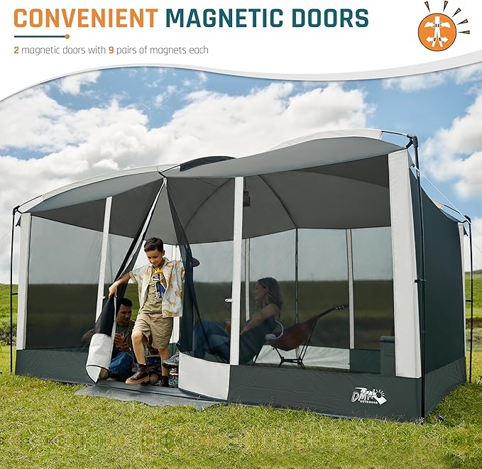 Screen House Tent 13x9ft Screen Room Mesh Gazebos w/ 2 Magnetic Doors Included Projection Screen Camping Tent Screened Canopy Shelter for Outdoor Patios Backyards Activities (Gray)