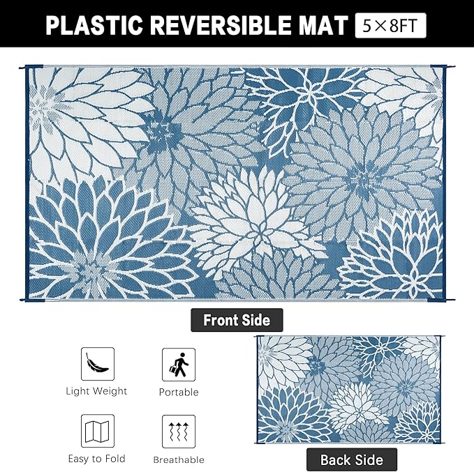 HUGEAR 5'x8' Outdoor Rug Waterproof Plastic Straw Rugs Blue Reversible Floral Mat Floor Carpet for Camping RV Deck Entryance Porch Picnic Balcony Beach Backyard