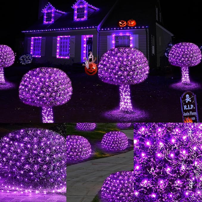 WBao Halloween Lights Outdoor 360LED 11.5ft x 6.9ft Halloween Net Lights with 8 Modes Timer Connectable Waterproof &amp Dark Green Wire for Lawn Bushes Shrubs Outdoor Holiday Decorations Purple