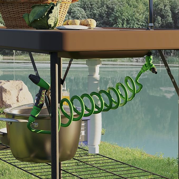 Outsunny Folding Fish Cleaning Table Portable Camping Sink Station with Faucet Drainage Hose Sprayer Grid Rack and Knife Groove Outdoor Fillet Table for Picnic Beach Patio Tan
