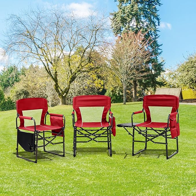 Folding Camping Directors Chair Portable Foldable Outdoor Chair with Built-in Cup Holder Side Table Storage Pocket for Beach Tailgating Fishing Trip Picnic Concert Red