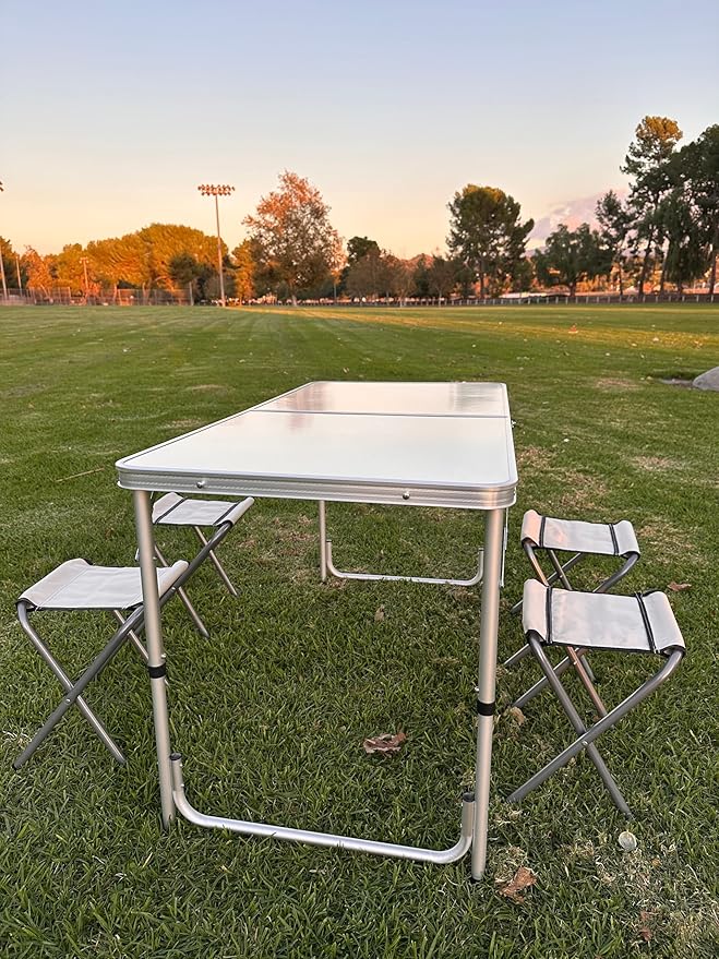 Aluminum Folding Camping Table Set with 4 Stools Adjustable Height