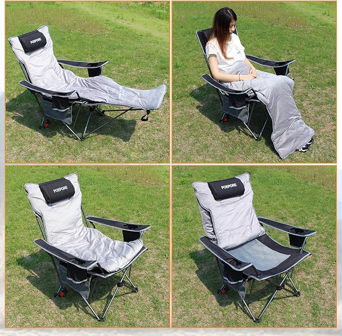 Reclining Camping Chair with Removable Footrest Lounge Chair with Headrest Cotton Cushion Portable Adjustable Folding Chairs
