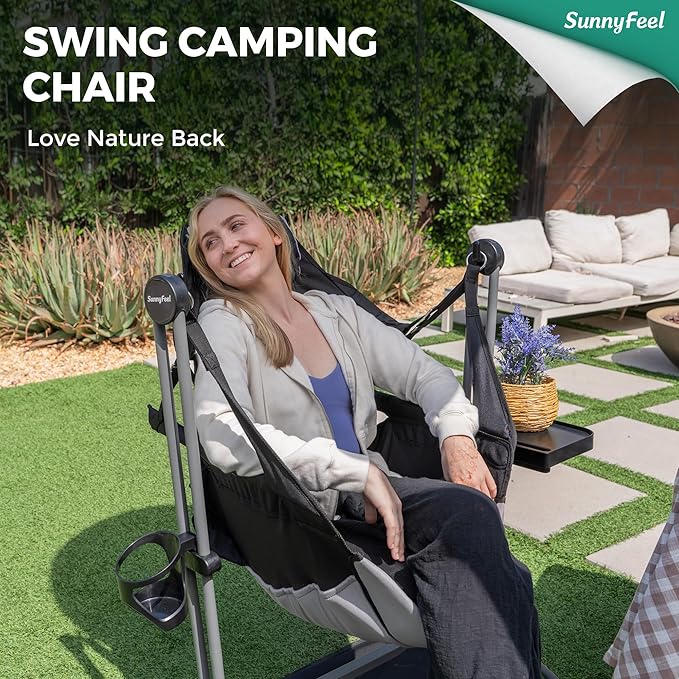 SUNNYFEEL Hammock Camping Chair Oversized Swinging Camping Chair Portable Hammock Chairs with Cup Holder Beach Mat MAX 300lbs Heavy Duty for Outdoor Travel Lawn Backyard Beach (Black)