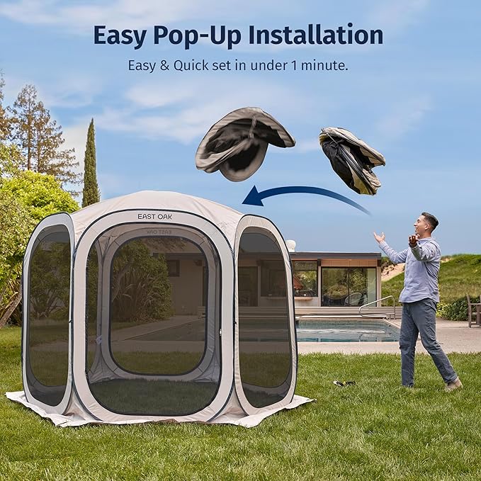 East Oak Screen House Tent Pop-Up Portable Screen Room Canopy Instant Screen Tent 10 x 10 FT with Carry Bag for Patio Backyard Deck &amp Outdoor Activities Beige
