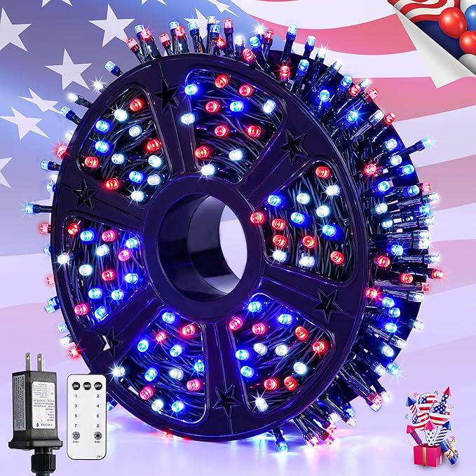 JMEXSUSS 400 LED Red White and Blue Lights Plug in 4th of July Decorations Patriotic Lights Outdoor for American Holiday Tree Party Independence Memorial Day Decor