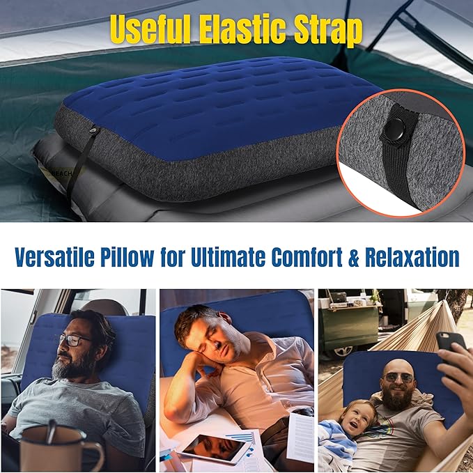 TREKOLOGY Camping Pillow - Large Inflatable (24x15) for Home-Like Comfort Portable &amp Ergonomic Easy to Clean Durable &amp Leak-Proof Removable Strap for Secure Fit – ALUFT Ultra (Blue)