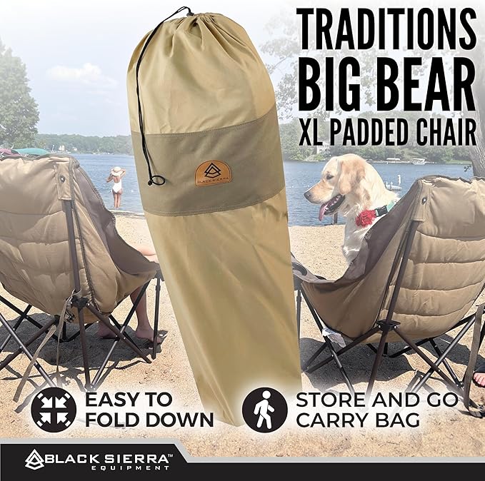Black Sierra Deluxe Padded Camping Chair for Sports &amp Outdoors Oversize XL Outdoor Folding Chair Supports 400 lbs Heavy Duty Seat w/Dual Cup Holders/Carry Bag Perfect for RV Tailgating Glampin