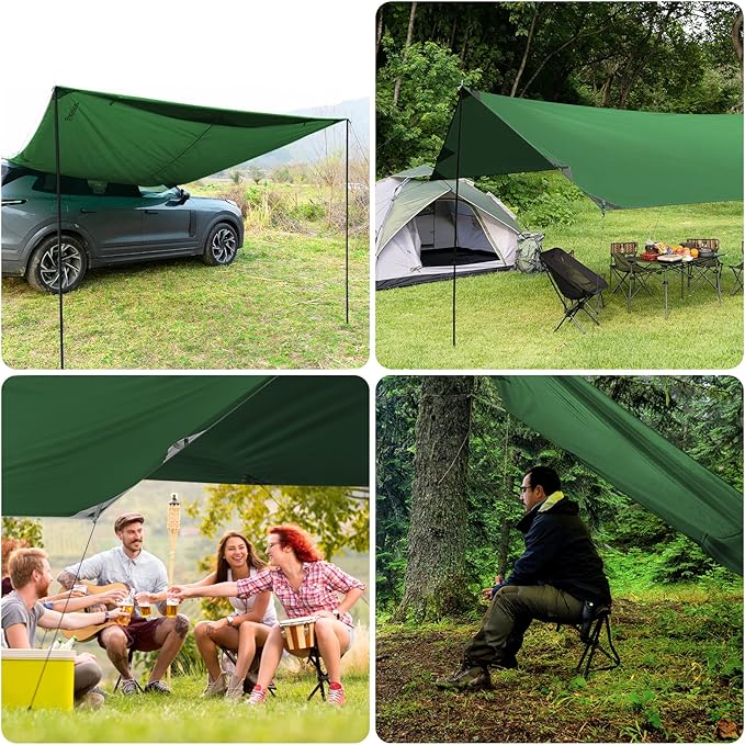 Bessport Camping Tarp 16×9.8FT with 2 Poles Lightweight Car Awning Sunshade Portable Multifunctional Backpacking PU 3000mm Waterproof Rain Fly Hammock Tarp for OutdoorTraveling Hilking