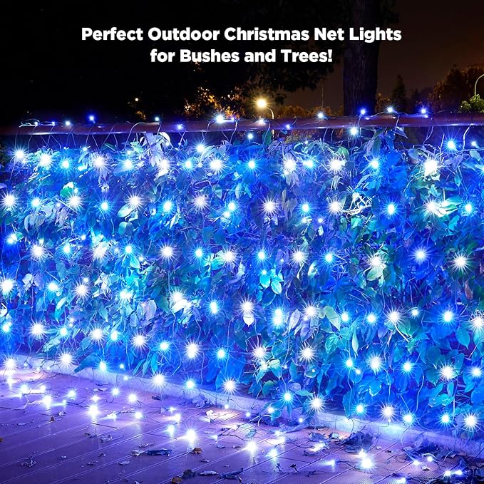 Led Net Lights Christmas Lights Outdoor 200Led 9ftx6ft Upgraded White and Blue Christmas Net Lighting Waterproof 5mm LED Wide Angle Outdoor Indoor Mesh Net Light for Tree Bushes Shrubs Decorations