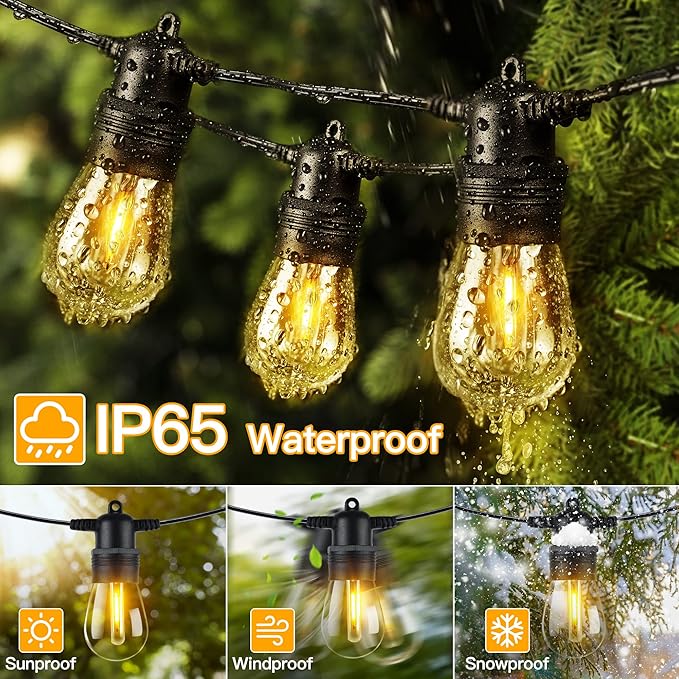 Ollny Outdoor String Lights 50 FT Waterproof Connectable Patio Lights with 15 Shatterproof Bulbs(2 Spare) Outside Hanging Light for Balcony Porch Yard Garden Backyard