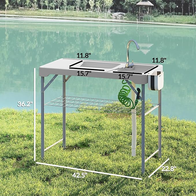 Outsunny Folding Fish Cleaning Table with Sinks Portable Camping Sink Table Gray