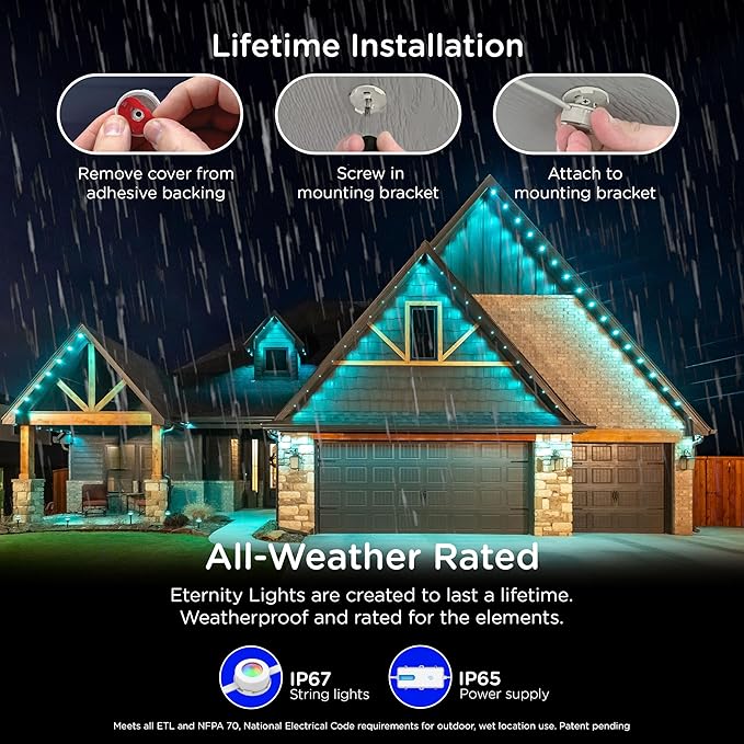 Enbrighten Vibe Eternity Permanent Outdoor Lights for House 150ft 108 RGBWIC LEDs Close Spacing 33lm Color Changing Christmas Eave Lighting Smart App Works with Alexa Google Home 85102