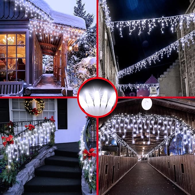 504LED 50ft Christmas Lights 112Drops 12 Modes Cool White Christmas String Lights Outdoor Dimmable Waterproof Christmas Decoration Fairy Lights with Timer for Indoor Eaves Party Patio Window Fence