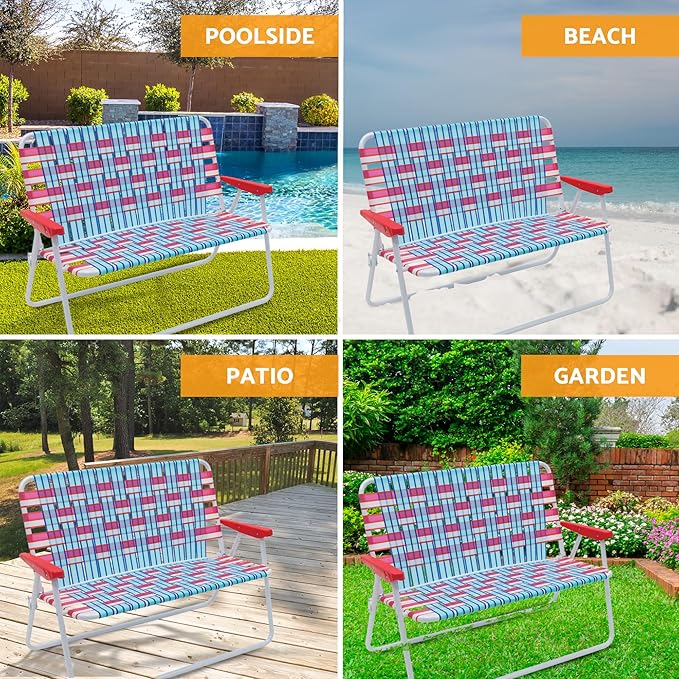 Camp &amp GO 16.5 High Seat Outdoor Double Wide Loveseat Web Folding Chair Blue/Red