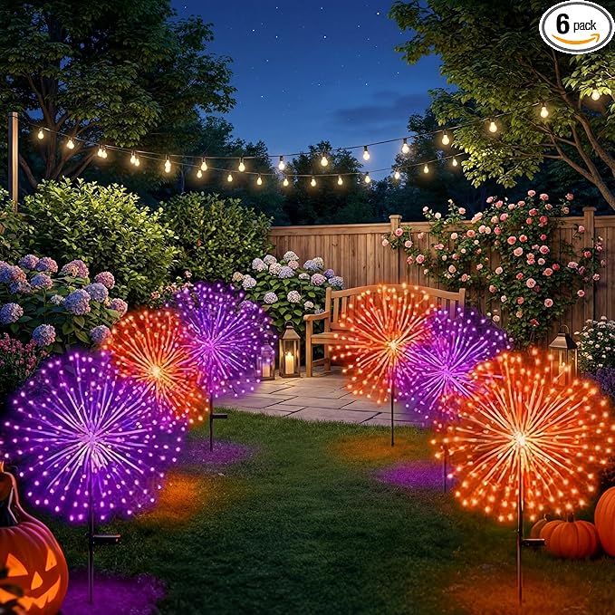 6 Pcs Easter Solar Firework Stake Lights 180 LED 8 Modes Solar Waterproof LED Sparkler Lights Outdoor Decoration for Christmas Holiday Garden Patio Yard Pathway Walkway Orange Purple
