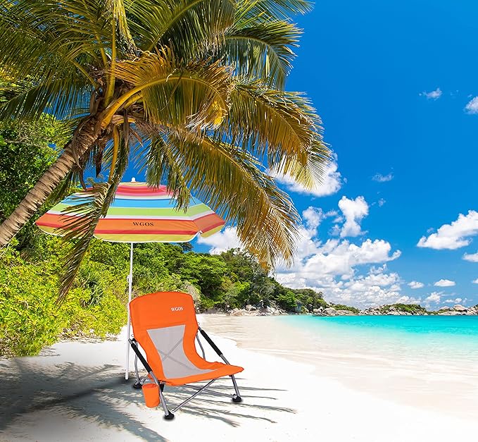 Beach Chair Low Beach Chairs with Umbrella Compack Portable Folding Festival Chairs Chairs with Shade for Adult with Cup Holder Carry Bag Heavy Duty for Outdoors BBQ (1-Pack Orange)