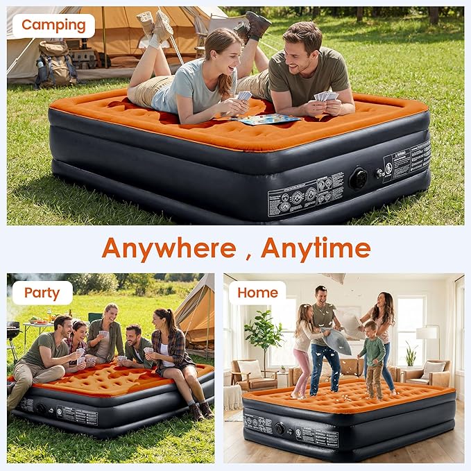 Lamberia Air Mattress with Built in 2 Purpose Pump 18 Raised 660lbs Max Comfort Inflatable Mattress Blow up Mattress Portable Air Bed for Camping Guests Home Colchon(Orange BlackQueen)