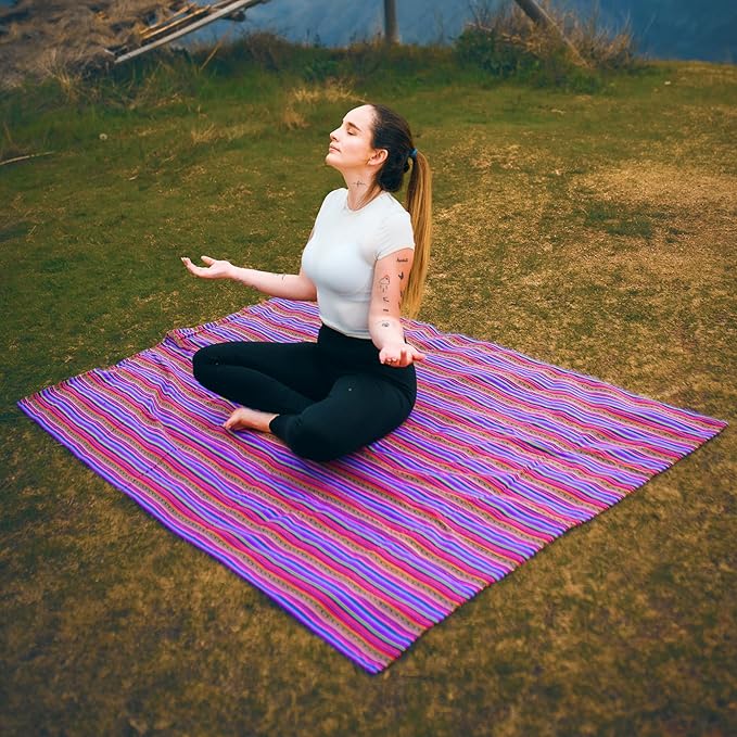 Lucio Fabrics Unique Native Peruvian Throw - Vibrant Colors Lightweight Durable - HomeYoga BeachCampingPicnicOutdoor Activities Thin Blanket 70'' x 47'' (Purple Andean Stripes)